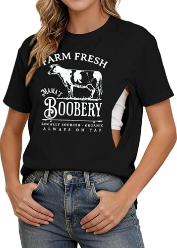 Women's Breastfeeding Shirt Zipper Nursing T-Shirt Maternity Graphic Tees - color: Black, size: Small
