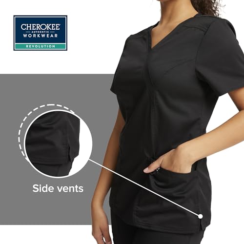 Cherokee Scrubs Top for Women Mock Wrap with 3 Pockets, Soft, 2-Way Stretch & Durable Fabric - WW610 - color: Black, size: 5X-Large Plus