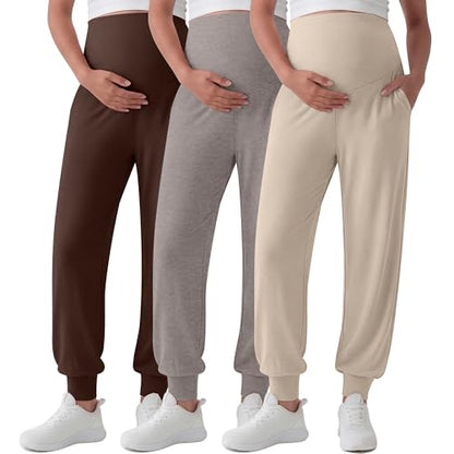 3 Pack Women's Maternity Pants Pregnancy Joggers - color: Apricot, Smoky Heather Gray, Dark Brown, size: Medium