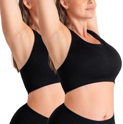 SHAPERMINT Sports Bras for Women, Racerback Workout Bra, Medium Support - color: 2 Pack, Black, size: X-Large