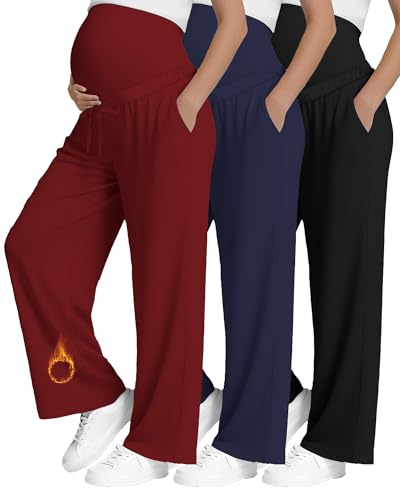 3 Pack Fleece Lined Maternity Sweatpants Lounge Pants - color: Black, Navy Blue, Wine Red, size: XX-Large