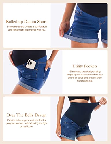 HOFISH Maternity Denim Jeans Shorts, Over-Belly Pregnancy, Super Stretchy - color: Navy, size: Medium