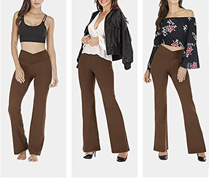 TOPYOGAS Women's Casual V Crossover High Waisted Flare Yoga Pants - color: Brown, size: Medium