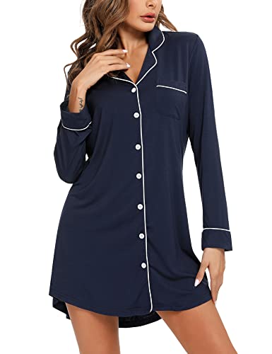 Samring Nightgowns for Women Long Sleeve Button Down Night Gown Sleepshirts - color: Navy Blue, size: Medium