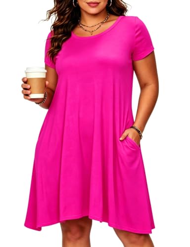 Afibi Womens Short Sleeve Loose Pockets Dress Casual Swing T-Shirt Dresses - color: Coral, size: Medium