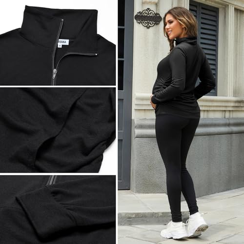 GINKANA Maternity Women's Long Sleeve Shirt Half Zipper Lapel Lightweight Casual Maternity Pullover with Pockets - color: Deep Grey+black, size: X-Large