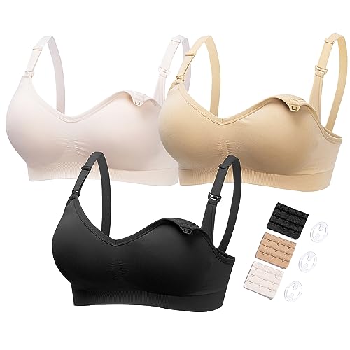 HOFISH Maternity Nursing Bras for Breastfeeding, 3 Pack Pregnancy Deep V Neck Wireless Bra with Extenders & Clips - color: 3pcs/Pack (Push Up:pink-black-beige), size: Medium