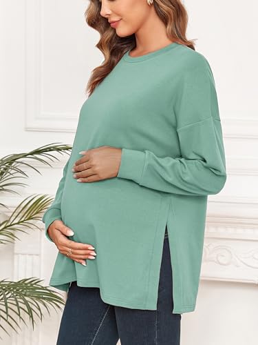 Ecavus Women's Maternity Shirts Long Sleeve Side Split Pregnancy Top - color: Green, size: Small