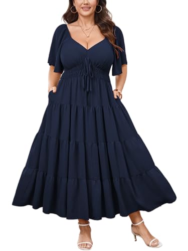 Plus Size Casual Summer Boho Maxi Long Dresses for Curvy Women - color: Navy Blue, size: 4X-Large Plus