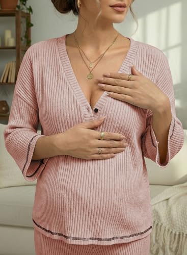 BLENCOT Maternity Pajamas Nursing Set Shorts Pregnancy Pj Sets - color: Light Pink, size: Small
