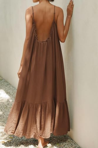 R.Vivimos Women's Summer Cotton Backless Casual Maxi Dress - color: Brown, size: Medium