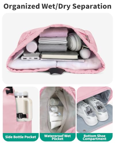 Drawstring Backpack with Shoe & Wet Compartments, Cup & Ball Holders, Pink - color: Pink