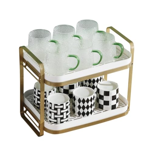 CYEAH 2-Tier Cups Mugs Drying Rack with Removable Drain Tray, Multi-Functional Storage Organizer Shelf, Kitchen Countertop Tray for Water Coffee Glass Cup Bowls Food and Seasoning Jar Holder