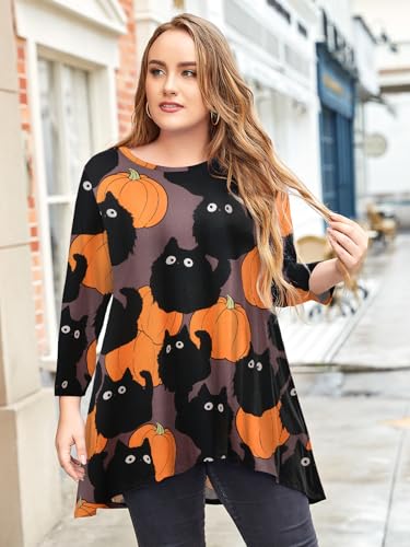 LARACE Womens Plus Size 3/4 Sleeve High Low Swing Tunic Tops - color: Halloween Pumpkin Cat, size: Large