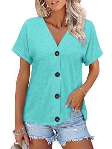 TICTICMISS Womens Summer Tops Short Sleeve Button Down V Neck T Shirts - color: Aqua, size: X-Large