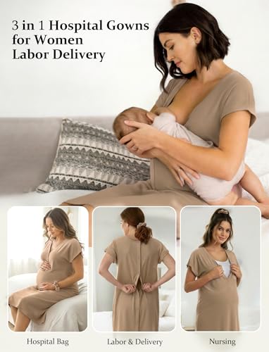 PATPAT Maternity Labor and Delivery Gown, Womens Hospital Gown with Pockets - color: Beige, size: Medium (Fit S/M)