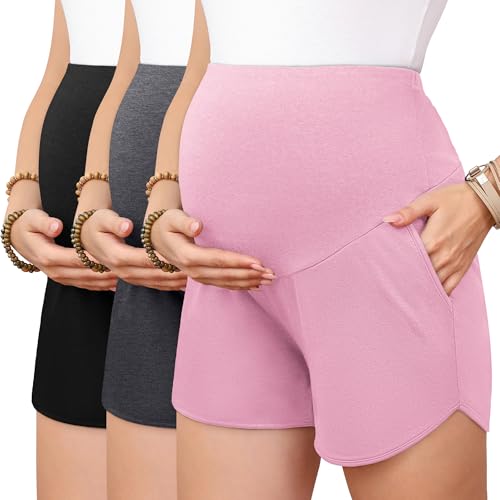 3 Pack Women's Maternity Shorts - color: Pink, Dark Heather Grey, Black, size: XX-Large