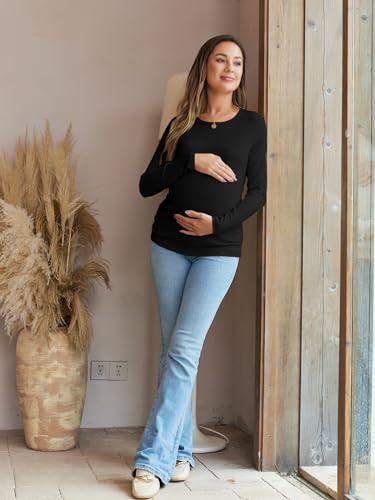 Women's Maternity Fall Tops Long Sleeve Crew Neck Ribbed Knit Slim Fitted Blouse Side Ruched Pregnancy Shirts - color: Long Sleeve-black, size: Medium