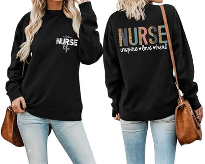 Nurse Sweatshirts for Women Nurse Inspire Love Heal Inspirational Pullovers - color: Black, size: Large