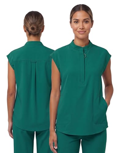 VECARDI Womens Scrub Top Zip Front Dolman Sleeves with Pockets - color: Hunter Green, size: Large