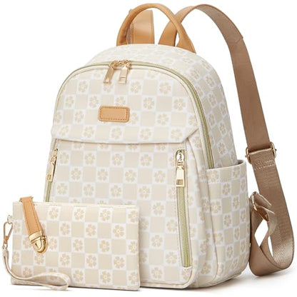 Makes Mini Backpack for Women, Small Casual Backpacks Daily Travel Bag 2pcs - color: Checkered Beige