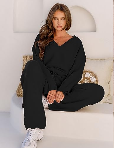 MEROKEETY Women's Fall Fleece 2 Piece Outfits Pajama Lounge Sets - color: Black, size: Large