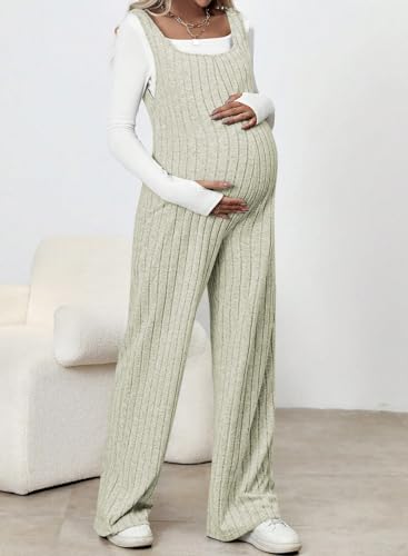 BLENCOT Maternity Jumpsuit Sleeveless Square Neck Wide Leg Pants Romper - color: Light Green, size: Large