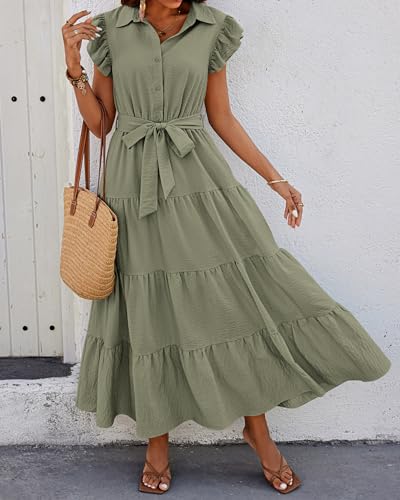 dowerme Women Ruffle Sleeve Button Belted Boho Maxi Dress - color: Grey Green, size: XX-Large