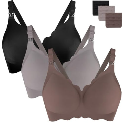 UHdod Nursing Bras for Breastfeeding, Seamless Wireless Maternity Bra - color: Black + Grey + Brown, size: XX-Large