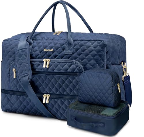 Large Women's Travel Duffel, Weekender with Shoe Compartment, Carry On Overnight Bag, Gym Duffel with Wet Pocket, Hospital Bags for Labor and Delivery - 3 PCS Set - color: Navy Z - 3 Pcs