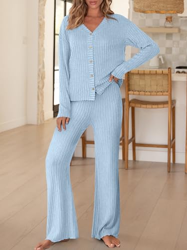 ANRABESS Womens Lounge Set 2 Piece Pajama Sets Ribbed Knit Matching Set - color: Light Blue, size: Large