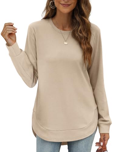 OFEEFAN Womens Sweatshirt Crewneck Long Sleeve Shirts High Low Tops Curved Hem - color: C-khaki, size: Medium