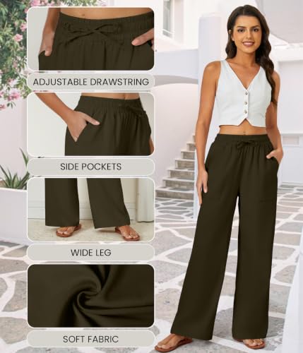 FireSwan Linen Pants Women Drawstring Elastic Waist Wide Leg Palazzo Pants - color: Brown, size: X-Large