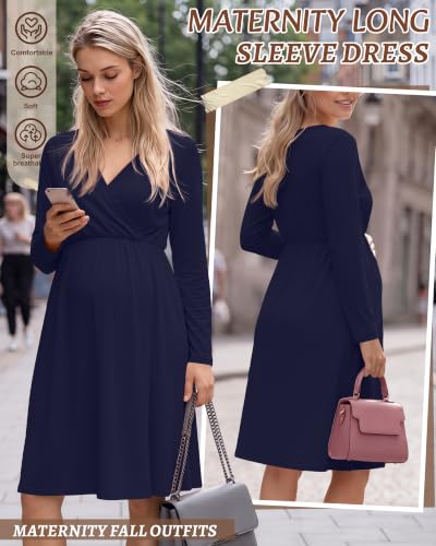 Locoowai Maternity Wrap Long Sleeve Dress V Neck Fall Dress - color: Navy Blue, size: Small