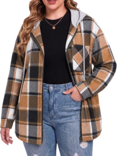 OLRIK Women's Plus Size Hooded Flannel Shacket Zip Up Jacket - color: Black Caramel Beige, size: 1X