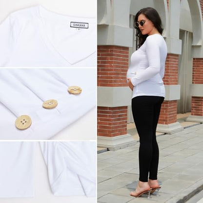 GINKANA Maternity Shirt Long Sleeve Basic Top Ruch Sides Buttons Tshirt for Pregnant - color: White, size: Small