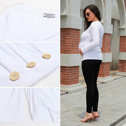 GINKANA Maternity Shirt Long Sleeve Basic Top Ruch Sides Buttons Tshirt for Pregnant - color: White, size: Medium