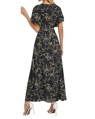AUSELILY Maxi Dresses Women 2026 Ruffle Sleeve V Neck Summer Wrap Dress - color: Black Gold Leaf, size: Medium