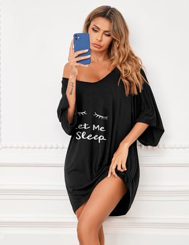 Ekouaer Nightgowns for Women Deep V Neck Sleep Shirt Oversized Night Shirt - color: Black Letters, size: Large