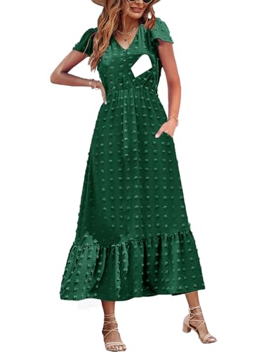 CzzzyL Women Nursing Dresses Cap Short Sleeve V Neck Swiss Dot with Pockets - color: Dreepgreen, size: Medium