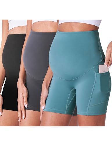 POSHDIVAH 3/4 Pack Maternity Biker Shorts Over The Belly with Pockets 5"/8" - color: Black/Grey/Blue 5", size: Medium