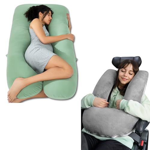 QUEEN ROSE U Shaped Pregnancy Pillow Green and Road Trip Travel Pillow