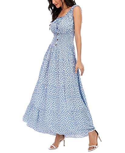 Women's 2026 Summer Boho Floral Print Tiered Casual Flowy Long Maxi Dress - color: Blue, size: Small