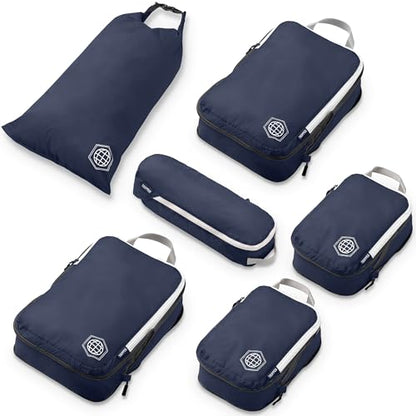 TRIPPED Travel Gear Compression Packing Cubes for Carry-On Travel 6-Pack - color: Nautical Navy (Navy Blue and White), size: 6 Piece