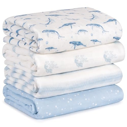 Muslin Swaddle Blankets for Newborn, Cotton Receiving Blanket - color: Blue Ocean Whale