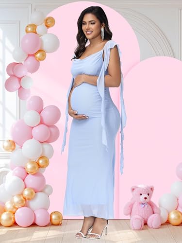 Women's Maternity Draped Neck Ruffle Bodycon Baby Shower Dress - color: Blue, size: Medium
