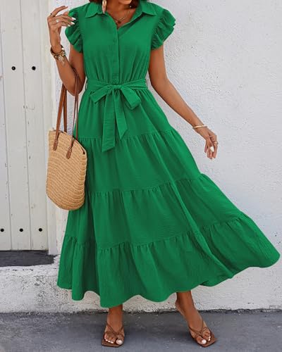 dowerme Women Ruffle Sleeve Button Belted Boho Maxi Dress - color: Bright Green, size: X-Large