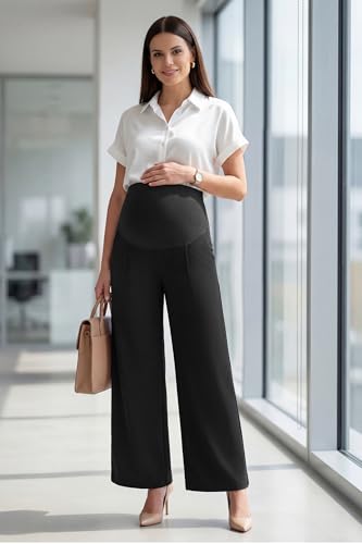 OUGES Women's Wide Leg Summer Business Casual Maternity Pants with Pockets - color: Black, size: Large