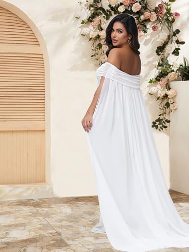 Maternity Mesh Off Shoulder Chiffon Cloak Maxi Photoshoot Dress - color: White, size: Medium