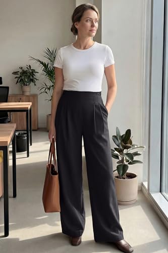 OUGES Women's Linen Maternity Pants Casual Work Adjustable Waist Straight Leg Business Office Trousers with Pockets - color: Black, size: XX-Large